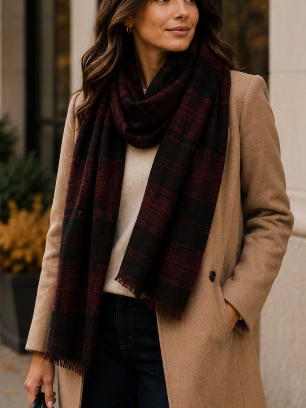 Banana Republic Burgundy Black Plaid Fringe Scarf Wrap Unisex
